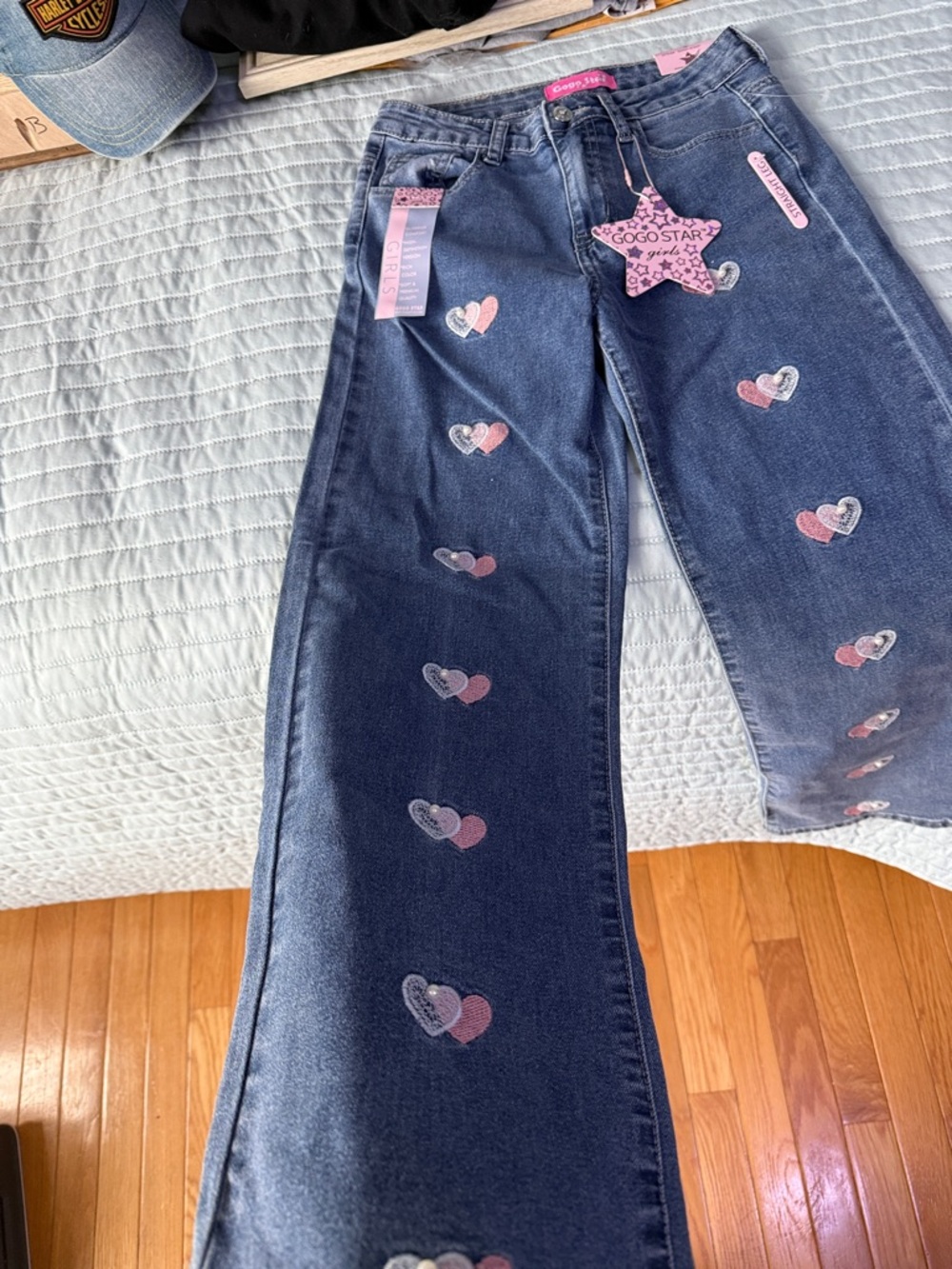 Girls Dark Blue Heart Embroidered Jeans